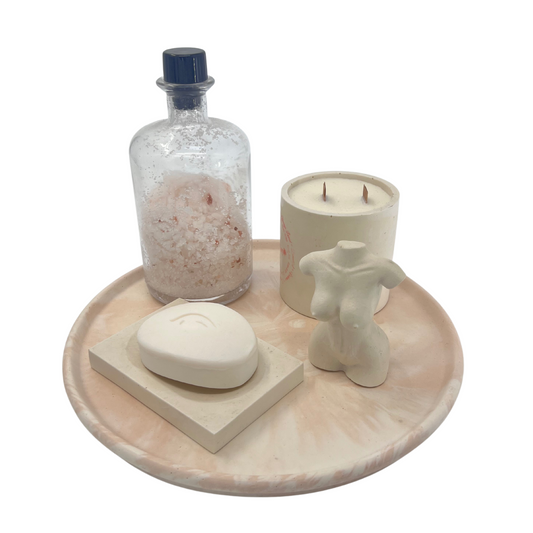 Medium Round Tray, Female Figure, Candle in Holder & Rectangle Soap Dish