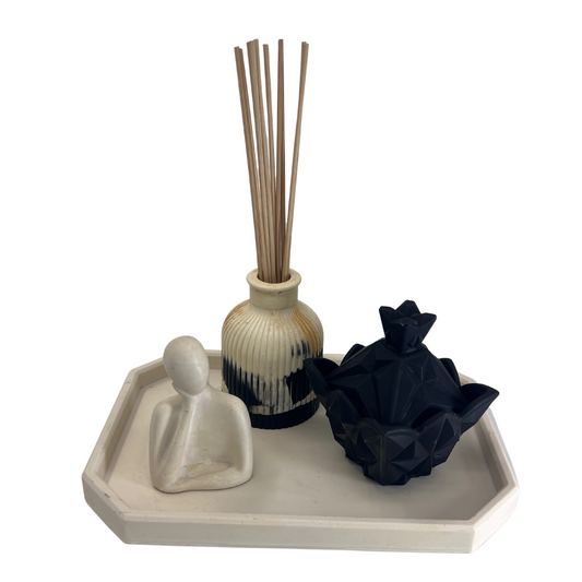 Oblong Tray with Octagon Edges, "Thinking" Figure, Diamond Jar & Ribbed Diffuser
