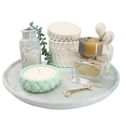 Medium Round Tray, Bevelled Jar, Slender Diffuser, Candle in small Bevelled Jar & Couple Figure